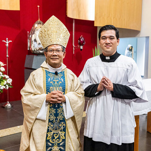 Bishop Vincent Long OFM Conv with seminarian Luke Huynh